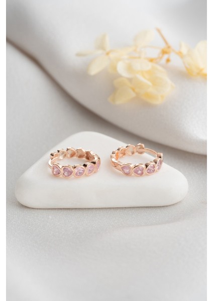 925 Ayar Gümüş Rose Kaplama Pembe Taşlı 15 mm Tamtur Kalp Model Küpe