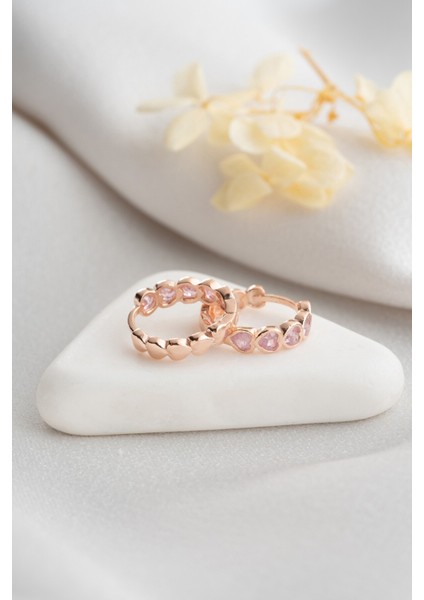 925 Ayar Gümüş Rose Kaplama Pembe Taşlı 15 mm Tamtur Kalp Model Küpe fiyatları