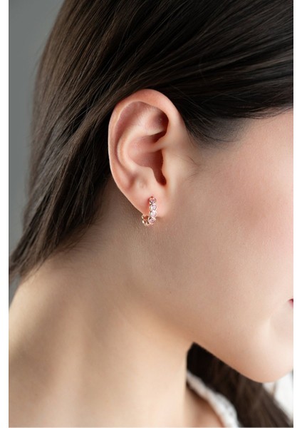 925 Ayar Gümüş Rose Kaplama Pembe Taşlı 15 mm Tamtur Kalp Model Küpe modelleri