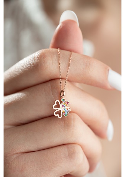 925 Ayar Gümüş 4 Kalpli Renkli Yonca Kadın Kolye