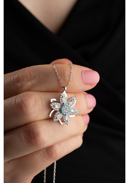 925 Ayar Gümüş Ayçiçeği Baget Taşlı Dönen Kadın Kolye