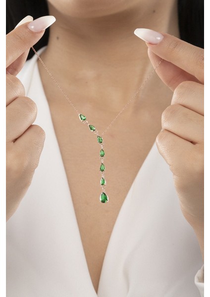925 Ayar Gümüş Sıralı Damla Yeşil Taşlı Kadın Kolye