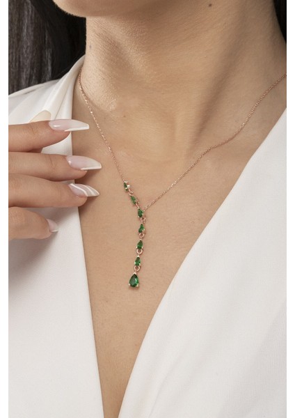 925 Ayar Gümüş Sıralı Damla Yeşil Taşlı Kadın Kolye fiyatları