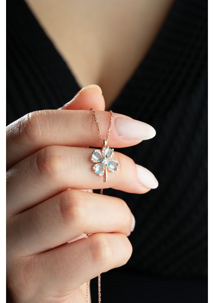 925 Ayar Gümüş Dört Yapraklı Yonca Aquamarin Taşlı Şans Kolye