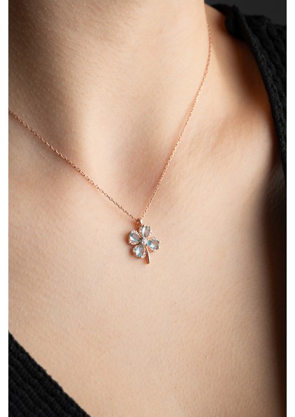 925 Ayar Gümüş Dört Yapraklı Yonca Aquamarin Taşlı Şans Kolye fiyatları