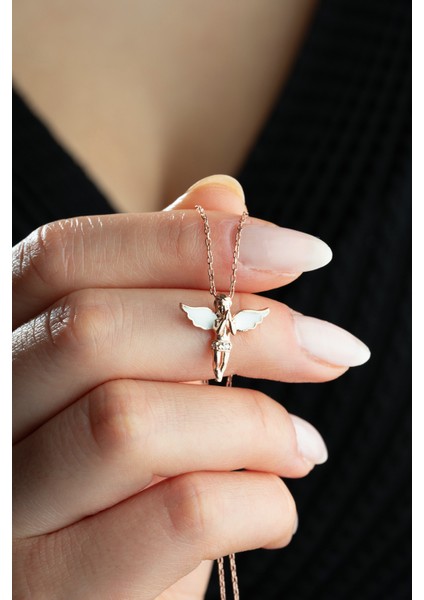 925 Ayar Gümüş Rose Kaplama Beyaz Mineli Kanatlı Peri Kolye