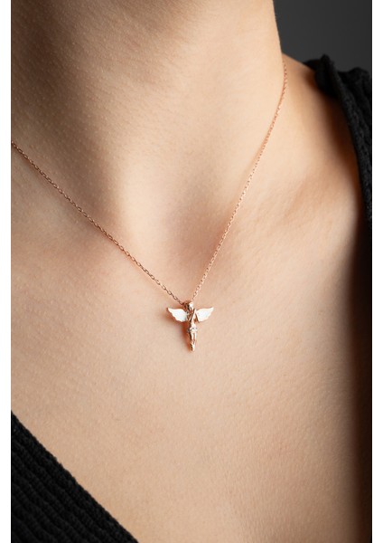 925 Ayar Gümüş Rose Kaplama Beyaz Mineli Kanatlı Peri Kolye fiyatları