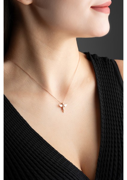 925 Ayar Gümüş Rose Kaplama Beyaz Mineli Kanatlı Peri Kolye modelleri