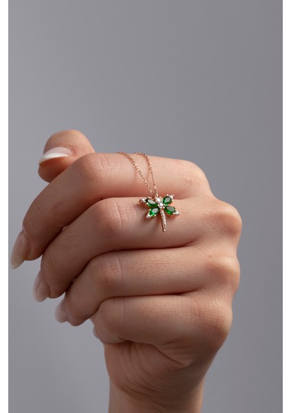 925 Ayar Gümüş Yeşil Taşlı Yusufçuk Kadın Kolye