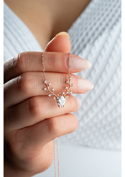 925 Ayar Gümüş Rose Kaplama Geyik Başı Beyaz Taşlı Kolye