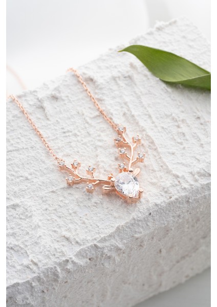 925 Ayar Gümüş Rose Kaplama Geyik Başı Beyaz Taşlı Kolye fiyatları