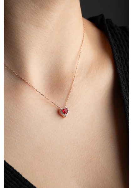 925 Ayar Gümüş Rose Kaplama Kırmızı Kalp Kolye fiyatları