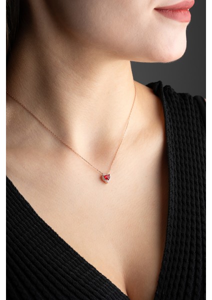 925 Ayar Gümüş Rose Kaplama Kırmızı Kalp Kolye modelleri