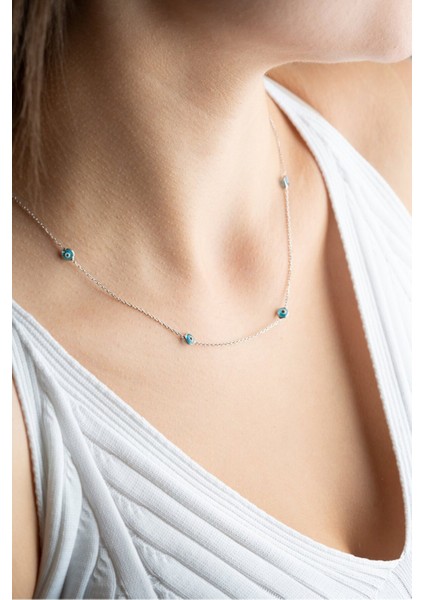 925 Ayar Gümüş Sıralı Nazar Model Kadın Kolye