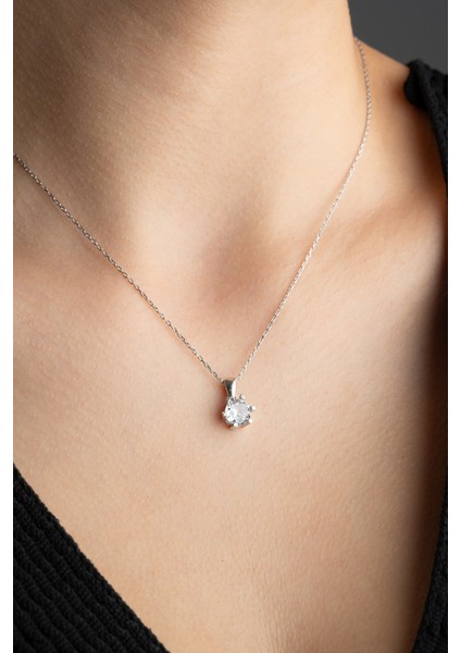 925 Ayar Gümüş Rodyum Kaplama Tek Taş Altı Tırnaklı Kolye modelleri