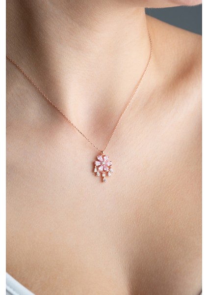 925 Ayar Gümüş Sallantılı Model Pembe Taşlı Çiçek Kolye modelleri