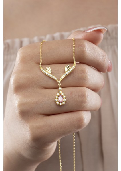 925 Ayar Gümüş Zümrüt Taşlı Gold Damla Model Kadın Kolye