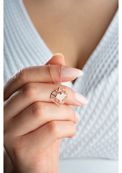 925 Ayar Gümüş Rose Kaplama Kalp Model Kolye