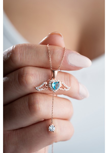 925 Ayar Gümüş Melek Kanatlı Hareketli Aquamarine Taşlı Kolye