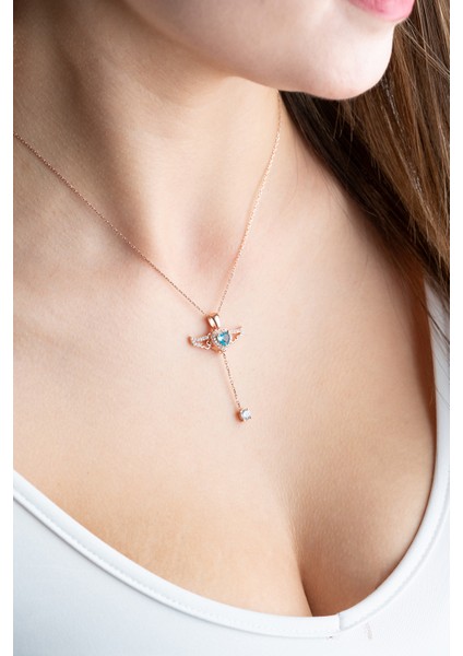 925 Ayar Gümüş Melek Kanatlı Hareketli Aquamarine Taşlı Kolye modelleri