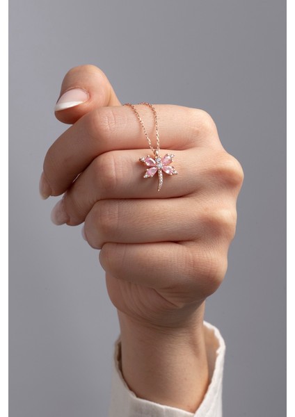 925 Ayar Gümüş Pembe Taşlı Yusufçuk Kadın Kolye