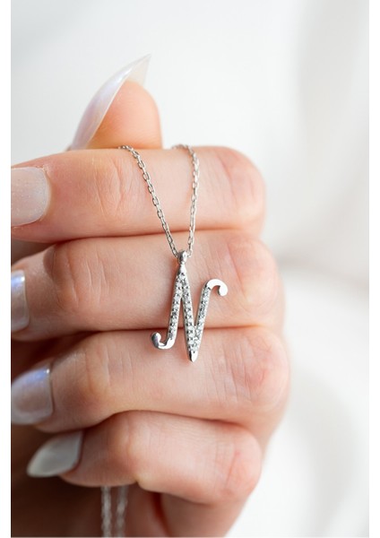 925 Ayar Gümüş Rodyum Kaplama N Harfi Kadın Kolye