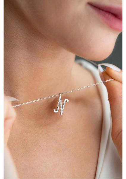 925 Ayar Gümüş Rodyum Kaplama N Harfi Kadın Kolye fiyatları
