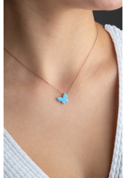 925 Ayar Gümüş Rose Kaplama Zincirli Opal Taşlı Kelebek Kolye fiyatları