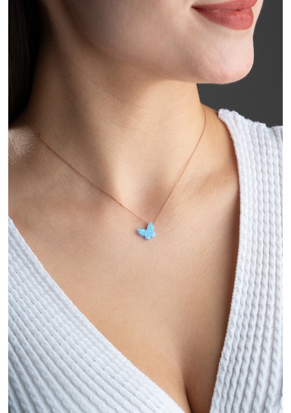 925 Ayar Gümüş Rose Kaplama Zincirli Opal Taşlı Kelebek Kolye modelleri