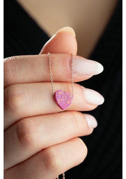 925 Ayar Gümüş Zincirli Opal Taşlı Kalp Kolye