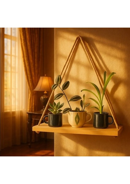 Dekoratif Ahşap Halatlı Duvar Rafı Kitaplık & Çiçeklik Uçan Raf 35CM Genişlik x 13CM Derinlik