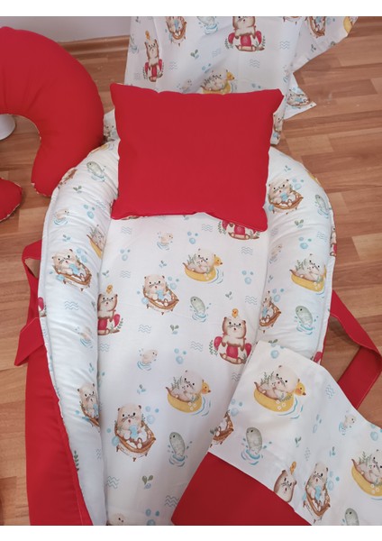 Ayıcıklı Düz Kırmızı Oval Yataklı 10 Parça Babynest Seti