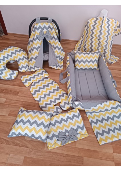Sarı Zikzak Düz Gri Kare Yataklı 10 Parça Babynest Seti