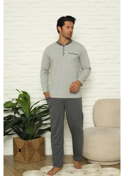 Erkek 3 Düğmeli Çizgili Desen %100 Pamuk Uzun Manşetli Kol Cepli Pijama Takımı modelleri
