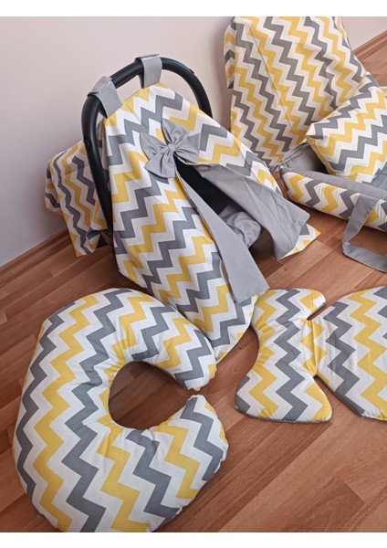Sarı Zikzak Düz Gri Kare Yataklı 10 Parça Babynest Seti indirimleri