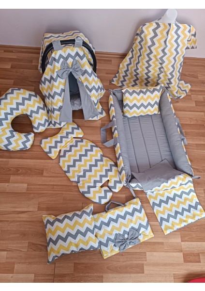 Sarı Zikzak Düz Gri Kare Yataklı 10 Parça Babynest Seti