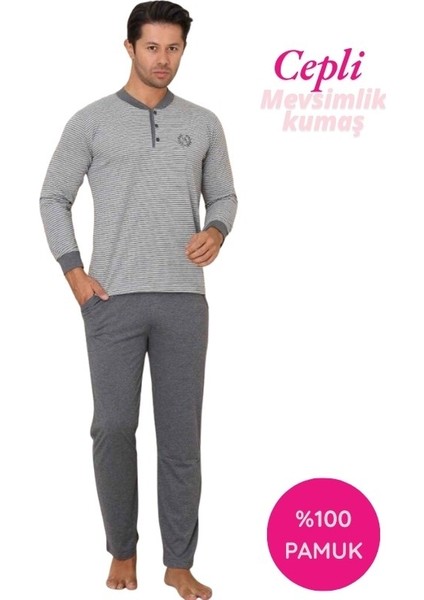 Erkek 3 Düğmeli Çizgili Desen %100 Pamuk Uzun Manşetli Kol Cepli Pijama Takımı