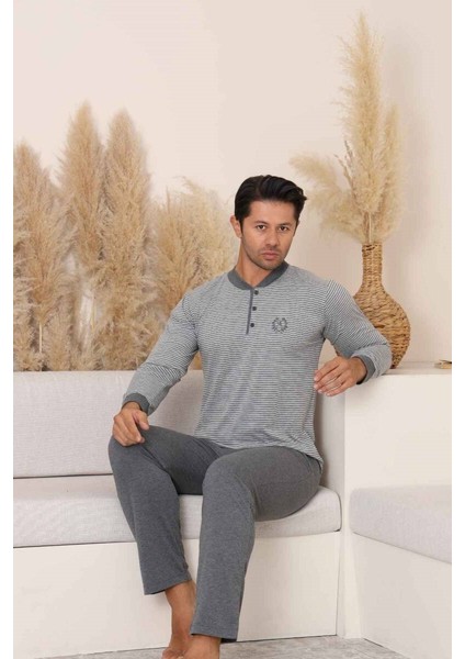 Erkek 3 Düğmeli Çizgili Desen %100 Pamuk Uzun Manşetli Kol Cepli Pijama Takımı modelleri