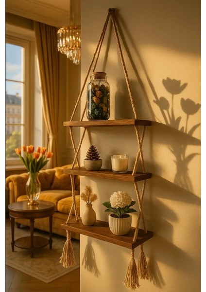 3 Katlı Dekoratif Ahşap Halatlı Duvar Rafı Kitaplık & Çiçeklik Uçan Raf 34CMX13CMX90CM