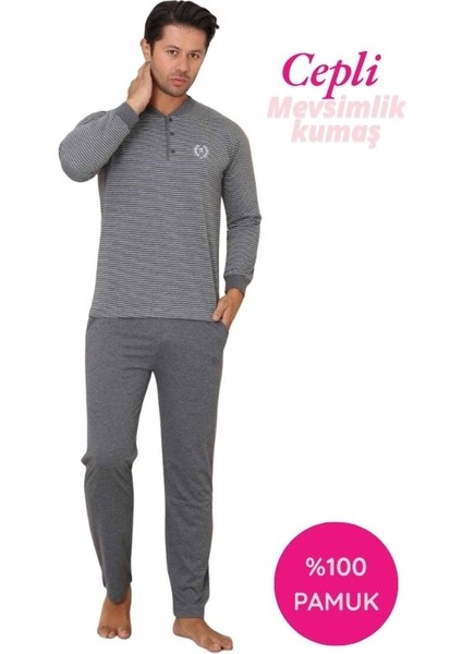 Erkek 3 Düğmeli Çizgili Desen %100 Pamuk Uzun Manşetli Kol Cepli Pijama Takımı