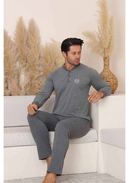 Erkek 3 Düğmeli Çizgili Desen %100 Pamuk Uzun Manşetli Kol Cepli Pijama Takımı modelleri
