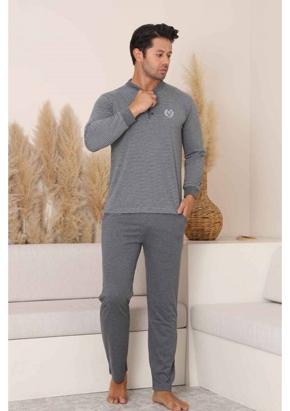 Erkek 3 Düğmeli Çizgili Desen %100 Pamuk Uzun Manşetli Kol Cepli Pijama Takımı fırsatları