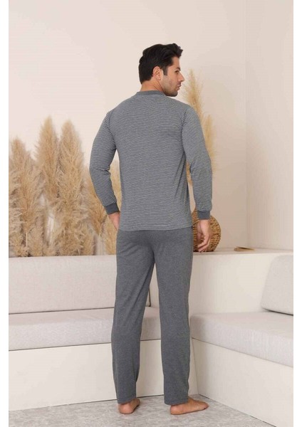 Erkek 3 Düğmeli Çizgili Desen %100 Pamuk Uzun Manşetli Kol Cepli Pijama Takımı indirimleri