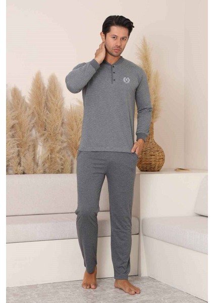 Erkek 3 Düğmeli Çizgili Desen %100 Pamuk Uzun Manşetli Kol Cepli Pijama Takımı