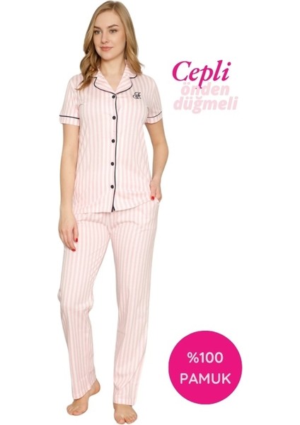 Kadın Pembe Beyaz Çizgili Gömlek Yaka Önden Düğmeli %100 Pamuk Kısa Kollu Cepli Pijama Takımı