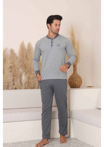 Erkek 3 Düğmeli Çizgi Desenli %100 Pamuk Uzun Manşetli Kol Cepli Pijama Takımı fırsatları