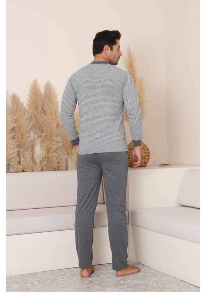 Erkek 3 Düğmeli Çizgi Desenli %100 Pamuk Uzun Manşetli Kol Cepli Pijama Takımı indirimleri