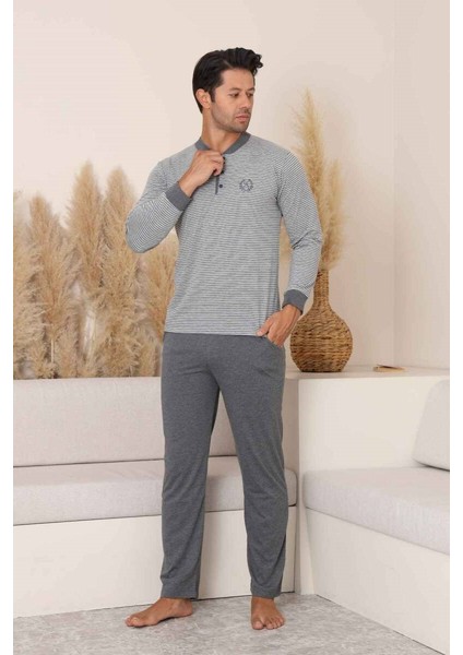 Erkek 3 Düğmeli Çizgi Desenli %100 Pamuk Uzun Manşetli Kol Cepli Pijama Takımı