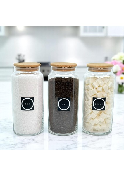 3'lü Ahşap Vakum Kapaklı Cam Çay Şeker Tuz Saklama Kavanozu 1400 ml Etiket Hediyeli fiyatları