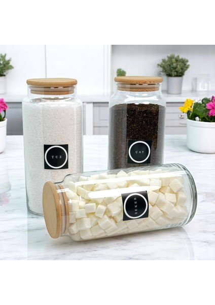 3'lü Ahşap Vakum Kapaklı Cam Çay Şeker Tuz Saklama Kavanozu 1400 ml Etiket Hediyeli modelleri
